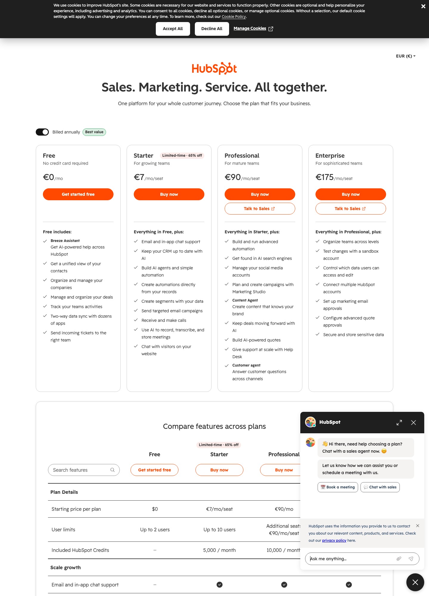HubSpot pricing page in the euro view, captured Oct 2026